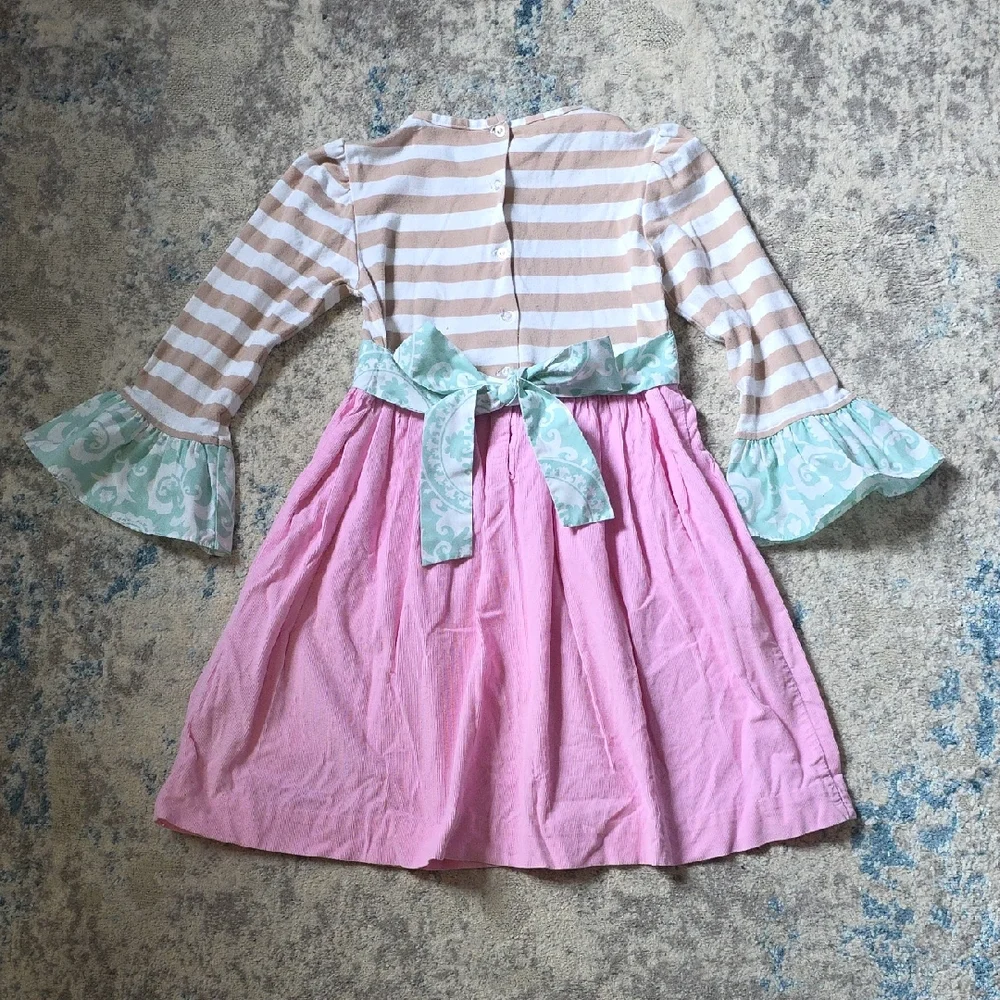 Shrimp & Grits Kids‎ Size 8 Long Sleeve Striped Cordoruy Owl Embroidered Dress